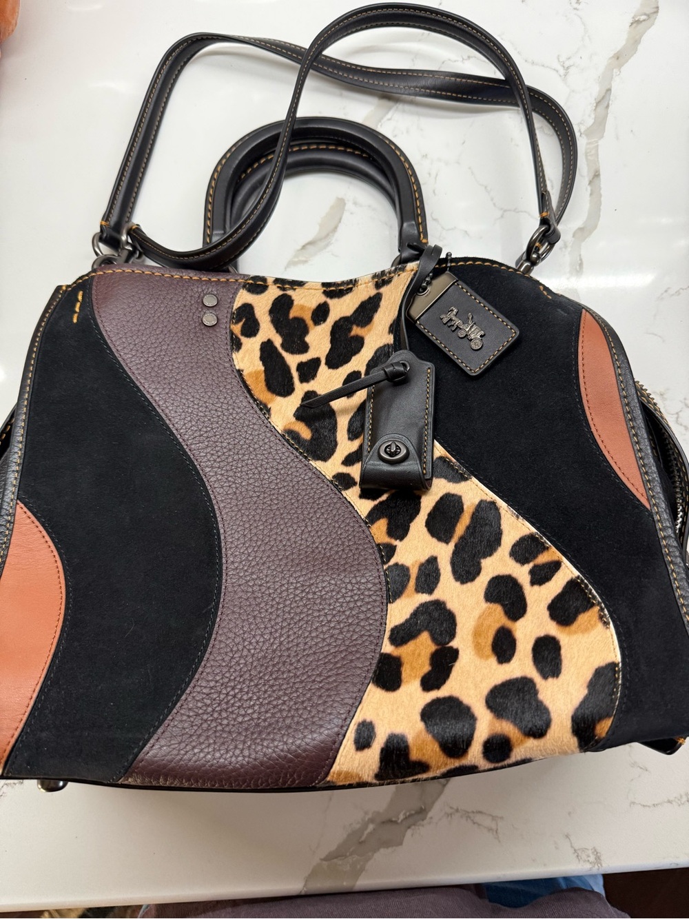 Coach Patchwork Leopard Haircalf Leather Shoulder Bag - Black Brown Tan